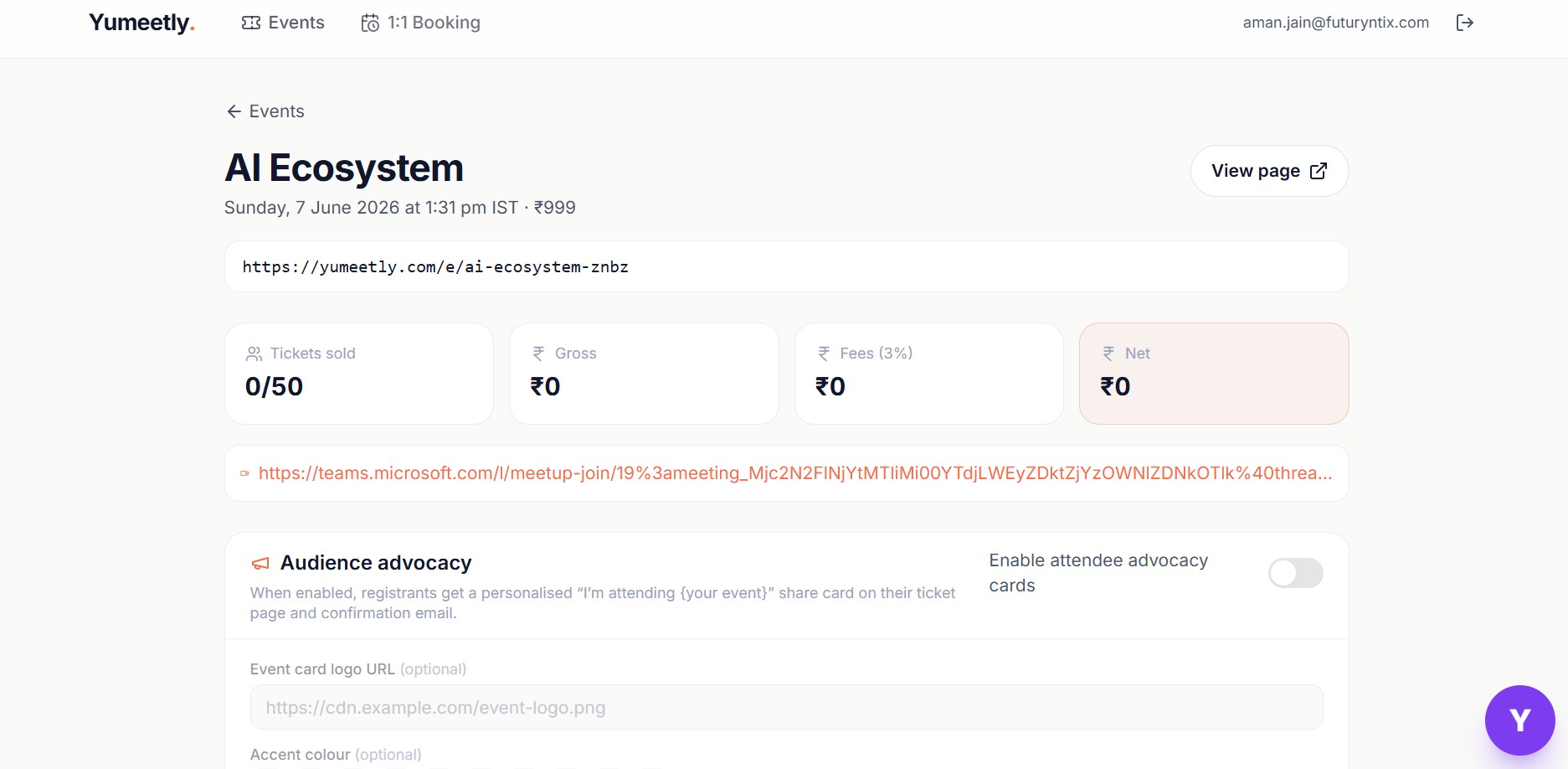 Event editor — tickets sold, gross, fees and net, with audience advocacy toggle