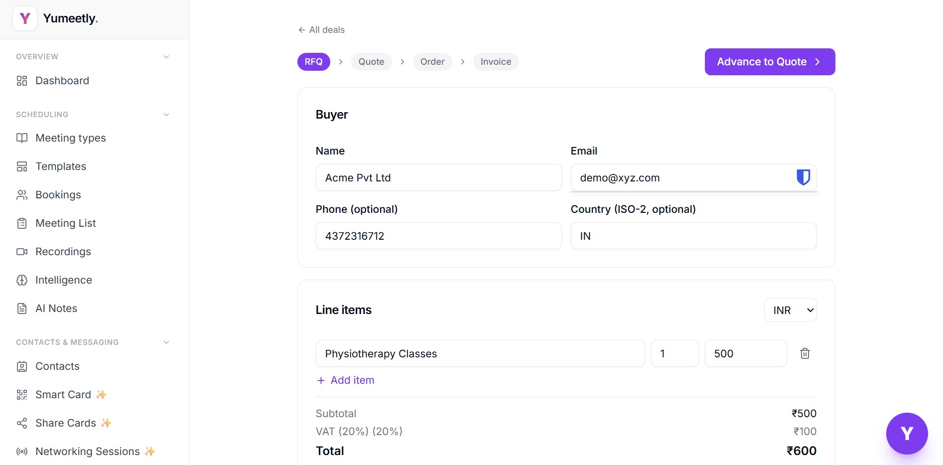 Sales pipeline editor showing the RFQ → Quote → Order → Invoice stages with buyer details and line items