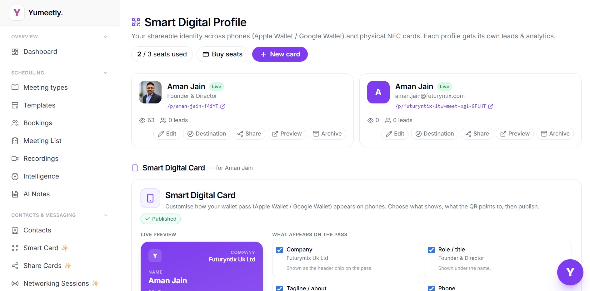 Smart Card editor showing live wallet-pass preview and on-pass field toggles